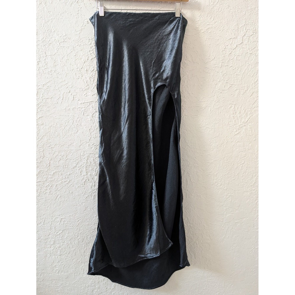 Urban Outfitters Satin Skirt Women M Navy Metallic High Slit Minimalist Chic
